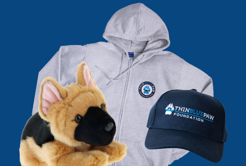 Image of products from the Thin Blue Paw official shop. Image of cuddly german shepherd toy, hoodie and cap